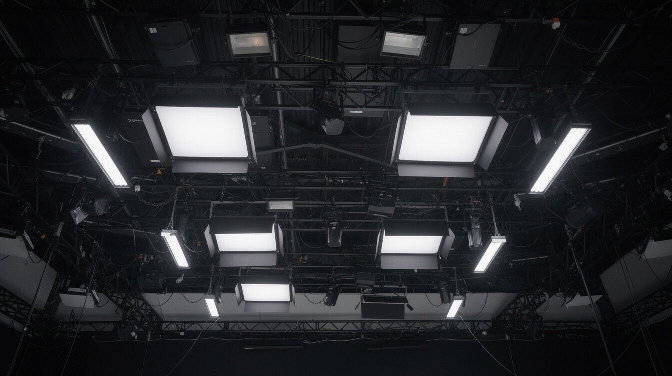 Overhead studio lighting grid with softbox lights