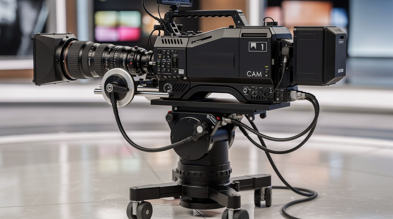Professional broadcast camera mounted on a robotic pedestal