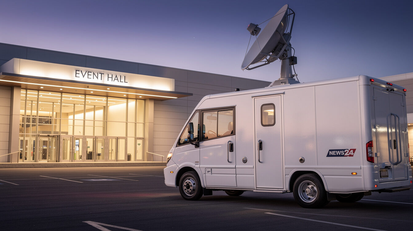Outside broadcast truck parked outside a venue