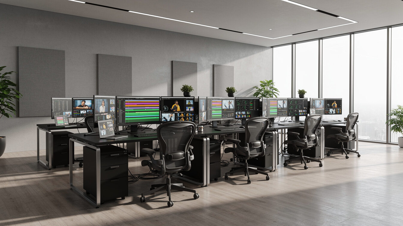 Modern production office with editing workstations