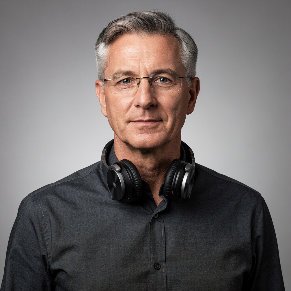 Audio engineer, a man wearing glasses and headphones