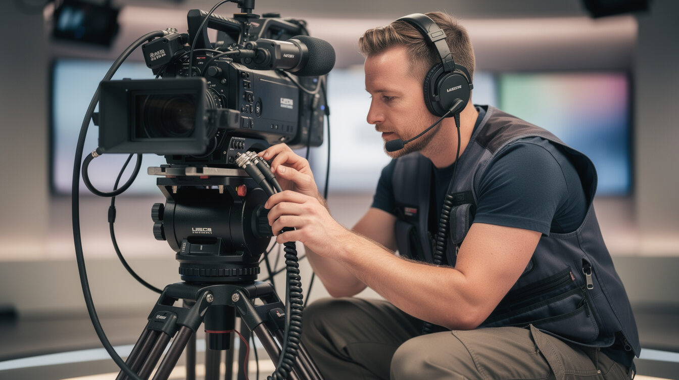 Technician checking cables behind a broadcast camera