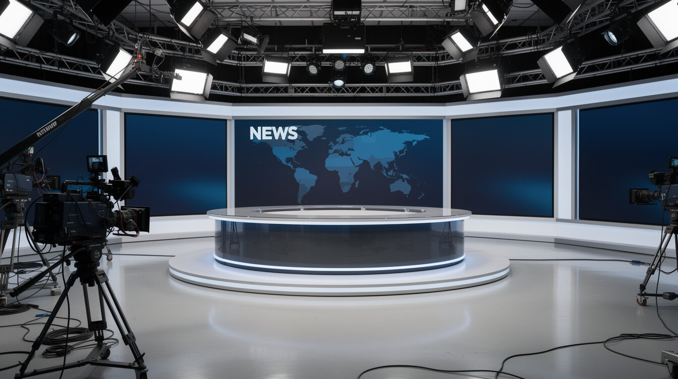 Wide shot of an empty television studio set with lighting rigs