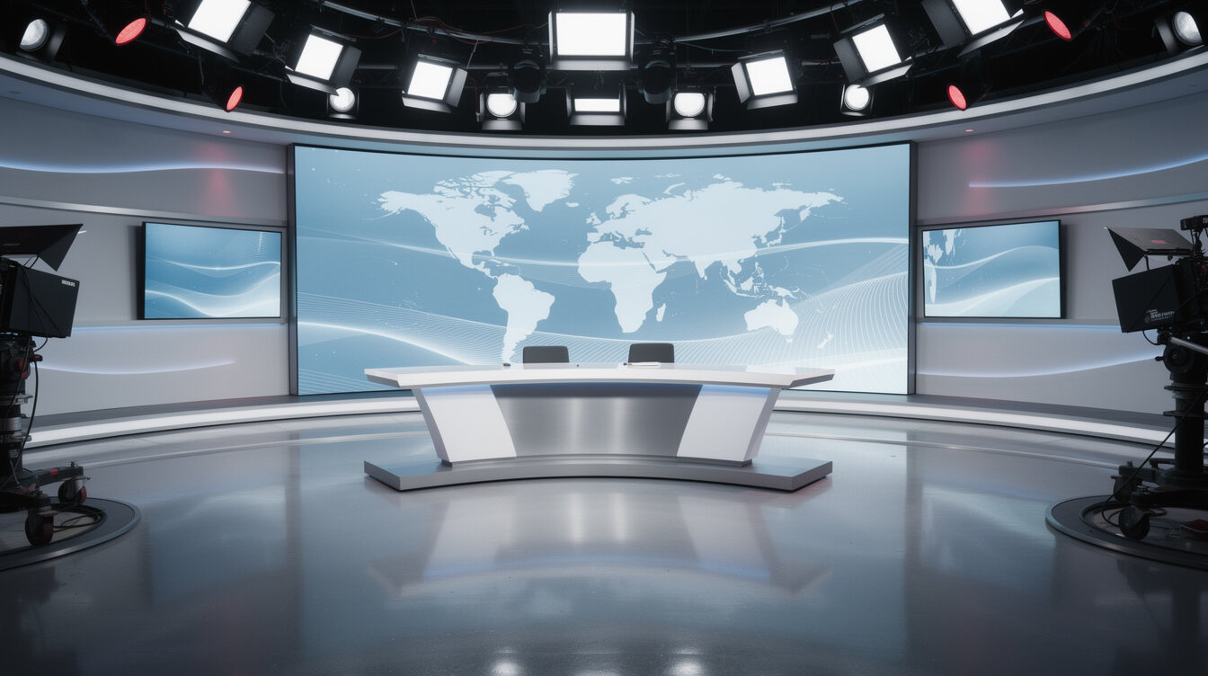 Live television news set with anchor desk and lights